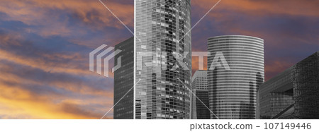 Skyscrapers La Defense (against the background of a sky at sunset), commercial and business center of Paris, France 107149446