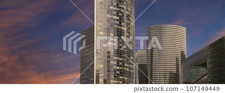 Skyscrapers La Defense (against the background of a sky at sunset), commercial and business center of Paris, France 107149449