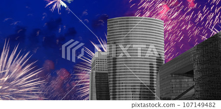 Celebratory fireworks over the Skyscrapers La Defense, commercial and business center of Paris, France Celebratory fireworks over the Skyscrapers La Defense, commercial and business center of Paris, France 107149482
