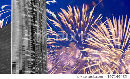 Celebratory fireworks over the Skyscrapers La Defense, commercial and business center of Paris, France Celebratory fireworks over the Skyscrapers La Defense, commercial and business center of Paris, France 107149485