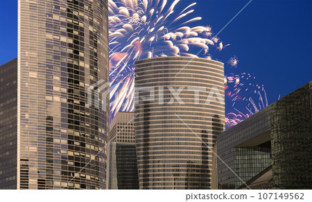 Celebratory fireworks over the Skyscrapers La Defense, commercial and business center of Paris, France Celebratory fireworks over the Skyscrapers La Defense, commercial and business center of Paris, France 107149562