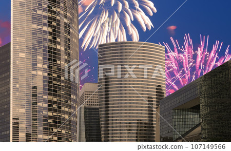 Celebratory fireworks over the Skyscrapers La Defense, commercial and business center of Paris, France Celebratory fireworks over the Skyscrapers La Defense, commercial and business center of Paris, France 107149566