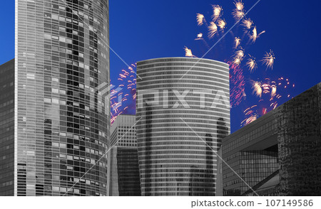 Celebratory fireworks over the Skyscrapers La Defense, commercial and business center of Paris, France Celebratory fireworks over the Skyscrapers La Defense, commercial and business center of Paris, France 107149586