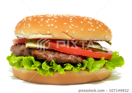The hamburger is isolated on a white background. The hamburger is isolated on a white background. 107149932