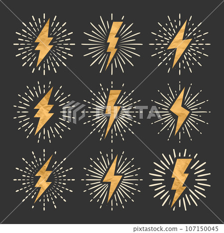 Vintage lightning bolt and sunrays. Lightnings with crumpled paper texture and sunburst effect. Thunderbolt, electric shock sign. Vector illustration 107150045