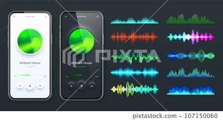 Online audio player user interface, smartphone app UI design. Music, media streaming and listening platform. Responsive mobile application. Neumorphism. Various sound waves. Vector illustration 107150060