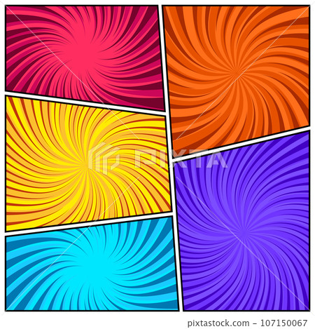 Colorful twisted comic book radial rays, lines. Comics background with motion, speed lines. Pop art style elements. Vector illustration Colorful twisted comic book radial rays, lines. Comics background with motion, speed lines. Pop art style elements. Vector illustration 107150067