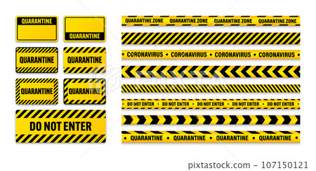 Various quarantine zone warning tapes and shields. Novel coronavirus outbreak. Global lockdown. Coronavirus danger stripe. Police caution line, restricted area. Construction tape. Vector illustration 107150121
