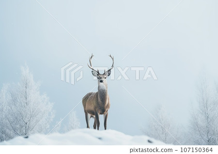 A deer stands in front of a snow covered field in a winter forest. A deer stands in front of a snow covered field in a winter forest. 107150364