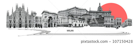 Photo collage from Milan, Italy. Collage includes major landmarks like the castle, cathedral. Art design Photo collage from Milan, Italy. Collage includes major landmarks like the castle, cathedral. Art design 107150428