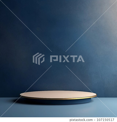 Abstract square template with golden and beige round exhibition stands on blue background. AI generated image Abstract square template with golden and beige round exhibition stands on blue background. AI generated image 107150517