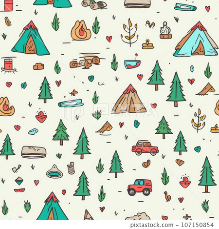 Cute hand drawn seamless pattern with camping doodles, tents, landscape and trails, great for textiles, banners, wallpapers. AI Generative. 107150854