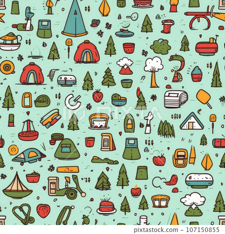 Cute hand drawn seamless pattern with camping doodles, tents, landscape and trails, great for textiles, banners, wallpapers. AI Generative. 107150855