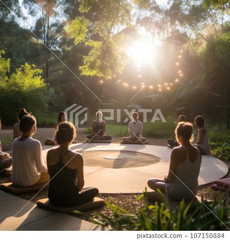 peaceful meditation session in a tranquil outdoor. AI Generative. 107150884