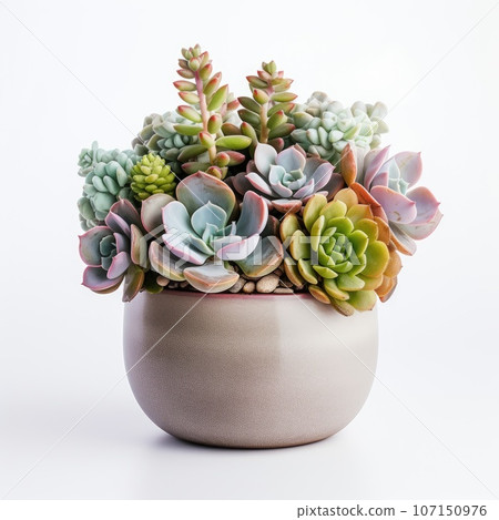Succulents in pots on the white shelf. Scandinavian hipster home decoration. 107150976