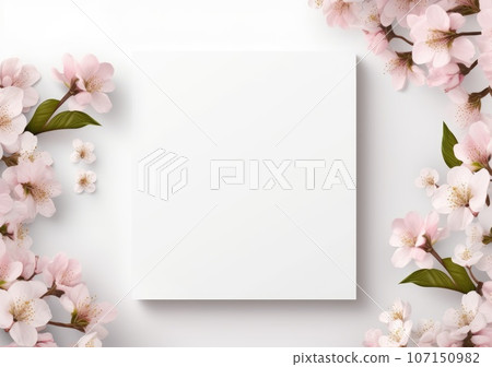 Composition with flowers and blank paper on a beige background. Greetind card mockup. AI Generative. Composition with flowers and blank paper on a beige background. Greetind card mockup. AI Generative. 107150982