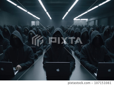 hacker in black hoodie working on laptop in the dark room. Dangerous Hooded Hacker Breaks into Government Data Servers and Infects Their System with a Virus. AI Generative. 107151081