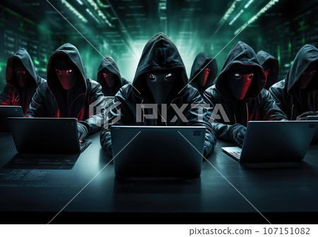 hacker in black hoodie working on laptop in the dark room. Dangerous Hooded Hacker Breaks into Government Data Servers and Infects Their System with a Virus. AI Generative. hacker in black hoodie working on laptop in the dark room. Dangerous Hooded Hacker Breaks into Government Data Servers and Infects Their System with a Virus. AI Generative. 107151082