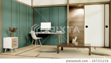 Muji green living room japanese style and decoration for japan.3D rendering Muji green living room japanese style and decoration for japan.3D rendering 107151218