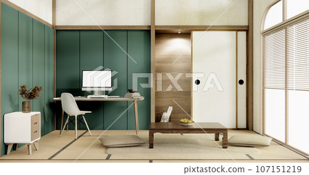 Muji green living room japanese style and decoration for japan.3D rendering Muji green living room japanese style and decoration for japan.3D rendering 107151219