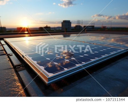 Modern solar panel on th roof with plants at morning, Solar panel on red roof reflecting sun and cloudless blue sky. Ai generative. 107151344
