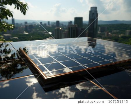 Modern solar panel on th roof with plants at morning, Solar panel on red roof reflecting sun and cloudless blue sky. Ai generative. 107151345