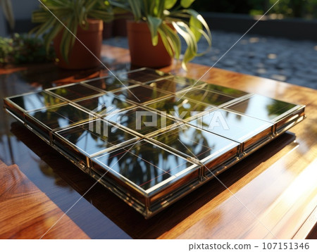 Modern solar panel on th roof with plants at morning, Solar panel on red roof reflecting sun and cloudless blue sky. Ai generative. 107151346