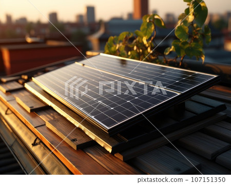 Modern solar panel on th roof with plants at morning, Solar panel on red roof reflecting sun and cloudless blue sky. Ai generative. Modern solar panel on th roof with plants at morning, Solar panel on red roof reflecting sun and cloudless blue sky. Ai generative. 107151350