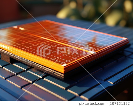 Modern solar panel on th roof with plants at morning, Solar panel on red roof reflecting sun and cloudless blue sky. Ai generative. 107151352