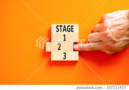 Time to stage 2 symbol. Concept word Stage 1 2 3 on wooden block. Businessman hand. Beautiful orange table orange background. Business planning and time to stage 2 concept. Copy space. 107151415