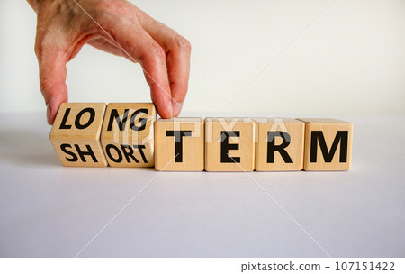 Long or short term symbol. Hand turns cubes and changes words 'short term' to 'long term'. Beautiful white background. Business and long or short term concept, copy space. 107151422