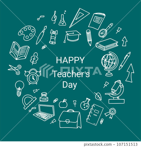 Happy Teacher's Day template for poster, banner, greeting card design. School drawings. Hand drawn vector illustration. 107151513