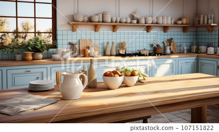 Interior of cozy vintage kitchen country style. Wooden dining table and chairs, light blue furniture, open shelves with crockery, fresh fruits and flowers, large window. Contemporary home design. 107151822