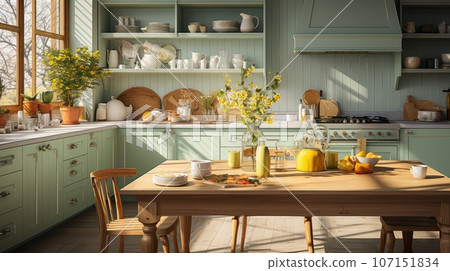 Interior of modern classic kitchen. Wooden dining table and chairs, green furniture, flowers and houseplants, crockery on the shelves, panoramic window. Contemporary home design. 3D rendering. Interior of modern classic kitchen. Wooden dining table and chairs, green furniture, flowers and houseplants, crockery on the shelves, panoramic window. Contemporary home design. 3D rendering. 107151834
