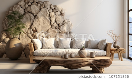 Interior of modern cozy living room with rustic decor in luxury villa. Stylish comfortable sofa, rough wooden coffee table, decorative stone wall, panoramic window. Eco home design. 3D rendering. 107151836