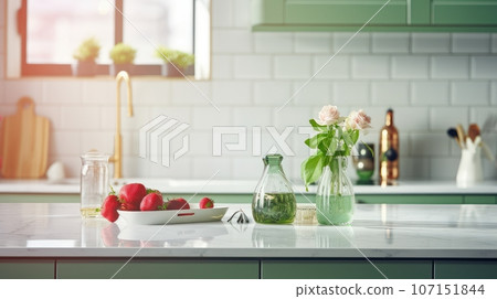 Interior of modern classic kitchen with green facades and kitchen island. Marble countertops, white tile backsplash, flowers in a vase, fresh fruits, various crockery. Contemporary home design. Interior of modern classic kitchen with green facades and kitchen island. Marble countertops, white tile backsplash, flowers in a vase, fresh fruits, various crockery. Contemporary home design. 107151844