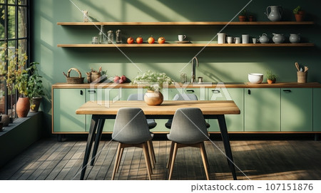 Interior of modern classic kitchen. Wooden dining table and chairs, green furniture, flowers and houseplants, crockery on the shelves, panoramic window. Contemporary home design. 3D rendering. 107151876