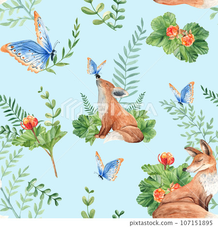 Seamless watercolor pattern with mother and baby fox, cloudberry leaves and berries, fern, green branches, blue butterfly on blue background. Botanical summer hand drawn illustration. Can be used for Seamless watercolor pattern with mother and baby fox, cloudberry leaves and berries, fern, green branches, blue butterfly on blue background. Botanical summer hand drawn illustration. Can be used for 107151895