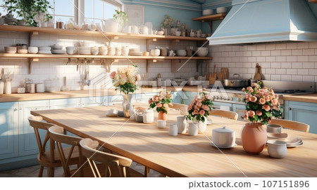 Interior of cozy vintage kitchen provence country style. Wooden dining table and chairs, light blue furniture, open shelves with crockery, fresh flowers, large window. Contemporary home design. Interior of cozy vintage kitchen provence country style. Wooden dining table and chairs, light blue furniture, open shelves with crockery, fresh flowers, large window. Contemporary home design. 107151896