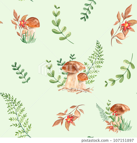 Seamless watercolor pattern with porcini mushrooms, fern, green branches and red flower on green background. Botanical summer hand drawn illustration. Can be used for gift wrapping paper, kitchen 107151897