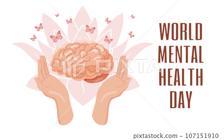 World Mental Health Day, October 10th. Mentally healthy human brain in hands and flowers. Poster, banner, flyer, vector World Mental Health Day, October 10th. Mentally healthy human brain in hands and flowers. Poster, banner, flyer, vector 107151910