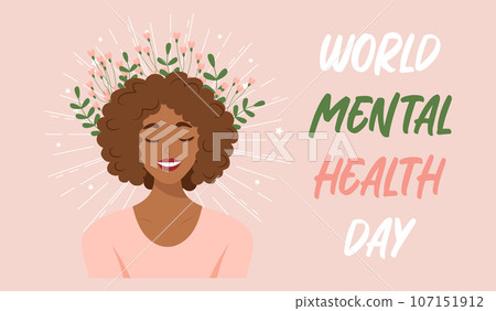 World Mental Health Day, October 10th. Mentally healthy girl in flowers and stars. Poster, banner, flyer, vector World Mental Health Day, October 10th. Mentally healthy girl in flowers and stars. Poster, banner, flyer, vector 107151912