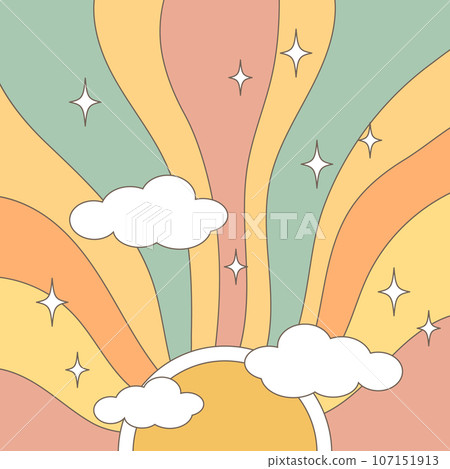 Vintage solar tapestry in boho style. Retro rainbow sunrise with clouds and stars. Minimal geometric abstract art. Hippie bohemian decor. Vector Vintage solar tapestry in boho style. Retro rainbow sunrise with clouds and stars. Minimal geometric abstract art. Hippie bohemian decor. Vector 107151913