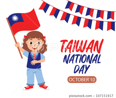 Taiwan national day greeting card. Cute little girl with Taiwan flag. Taiwan Memorial Day is October 10. Illustration, banner, poster, vector Taiwan national day greeting card. Cute little girl with Taiwan flag. Taiwan Memorial Day is October 10. Illustration, banner, poster, vector 107151917