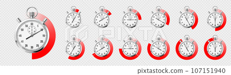 Realistic classic stopwatch. Shiny metal chronometer, time counter with dial. Red countdown timer showing minutes and seconds. Time measurement for sport, start and finish. Vector illustration 107151940