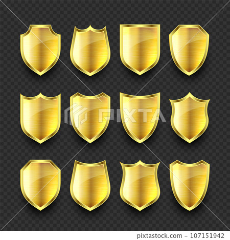 Set of various vintage 3d metal shield icons. Shiny golden heraldic shields. Black protection and security symbol, label. Vector illustration 107151942