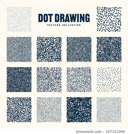 Square shaped dotted objects, vintage stipple elements. Stippling, dotwork drawing, shading using dots. Halftone effect. White noise grainy texture, pattern. Vector illustration Square shaped dotted objects, vintage stipple elements. Stippling, dotwork drawing, shading using dots. Halftone effect. White noise grainy texture, pattern. Vector illustration 107151946