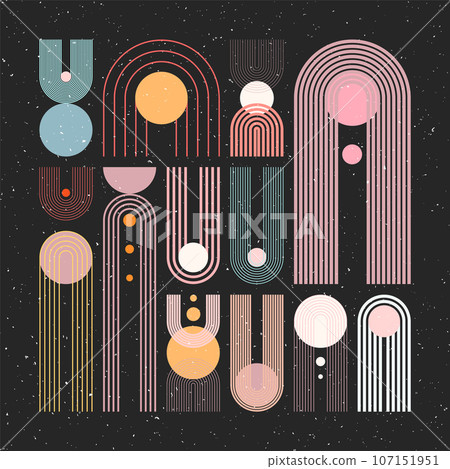 Mid century arch, circle elements, modern geometric shapes with grunge texture. Contemporary design, minimalist art. Trendy design elements for wall decor, posters, books, covers. Vector illustration Mid century arch, circle elements, modern geometric shapes with grunge texture. Contemporary design, minimalist art. Trendy design elements for wall decor, posters, books, covers. Vector illustration 107151951