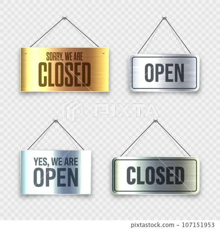Brushed metal Open and Closed hanging signboards. Vintage door sign for cafe, restaurant, bar or retail store. Announcement banner, information signage for business or service. Vector illustration Brushed metal Open and Closed hanging signboards. Vintage door sign for cafe, restaurant, bar or retail store. Announcement banner, information signage for business or service. Vector illustration 107151953