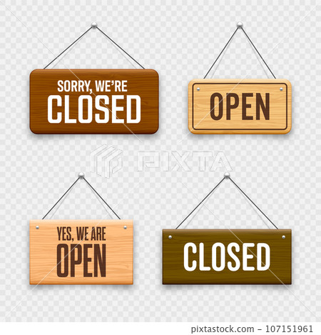 Wooden open or closed hanging signboards. Made of wood door sign for cafe, restaurant, bar or retail store. Announcement banner, information signage for business or service. Vector illustration Wooden open or closed hanging signboards. Made of wood door sign for cafe, restaurant, bar or retail store. Announcement banner, information signage for business or service. Vector illustration 107151961